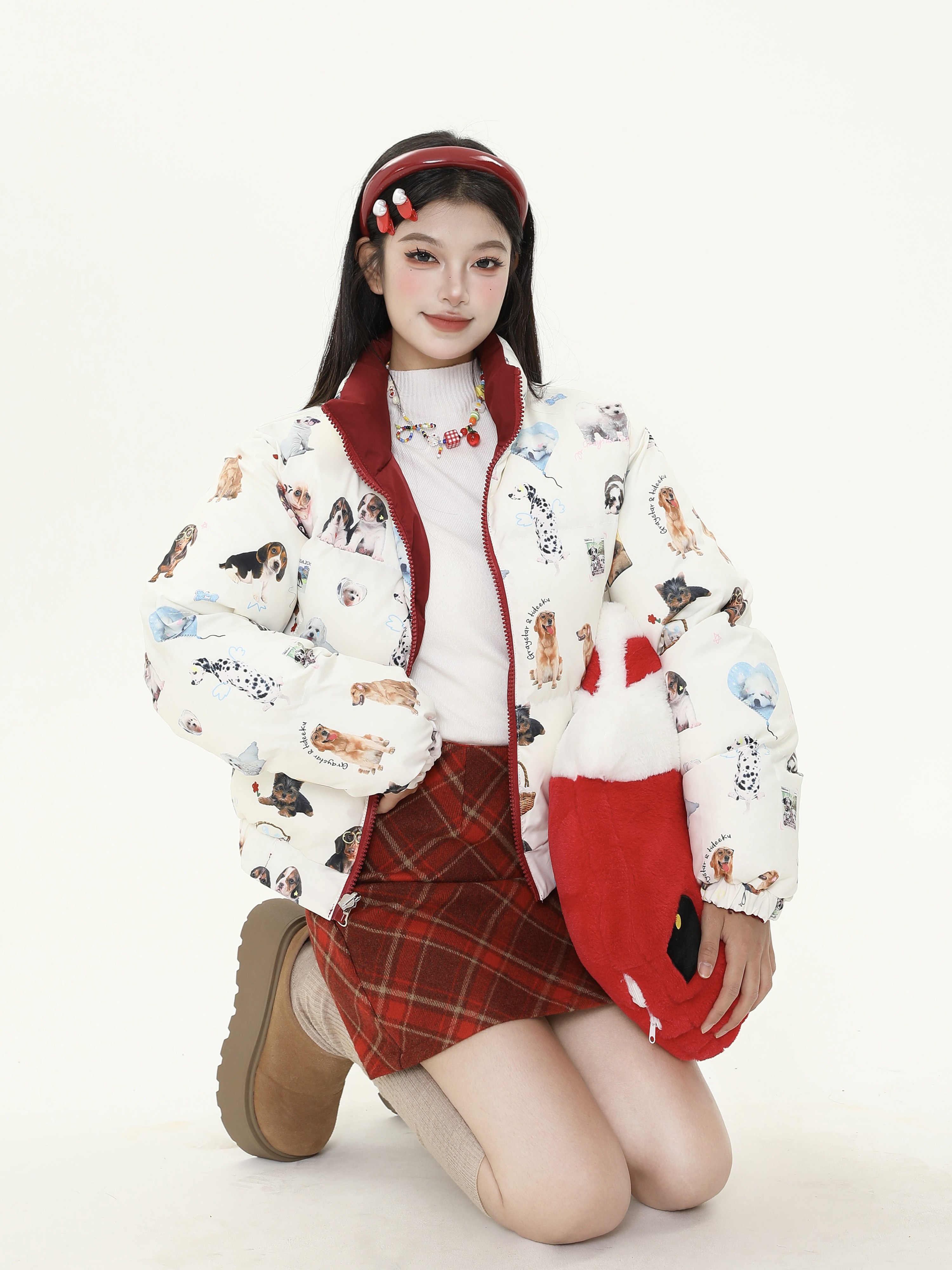 Retro American Style All-Over Print Dog Double-Sided Short Cotton Jacket for Women - Thick Warm Winter Coat Retro American Style All-Over Print Dog Double-Sided Short Cotton Jacket for Women - Thick Warm Winter Coat