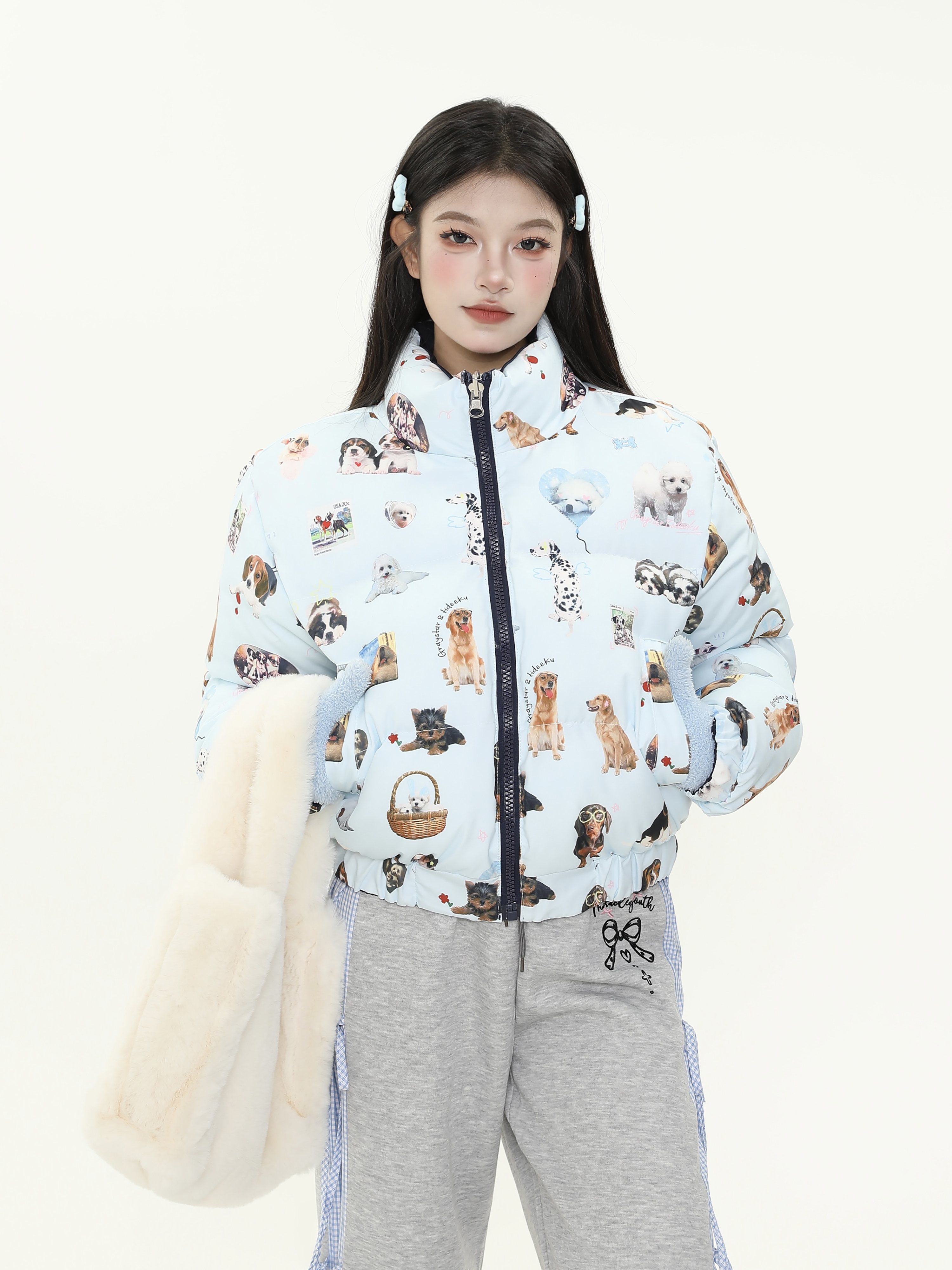 Retro American Style All-Over Print Dog Double-Sided Short Cotton Jacket for Women - Thick Warm Winter Coat Retro American Style All-Over Print Dog Double-Sided Short Cotton Jacket for Women - Thick Warm Winter Coat