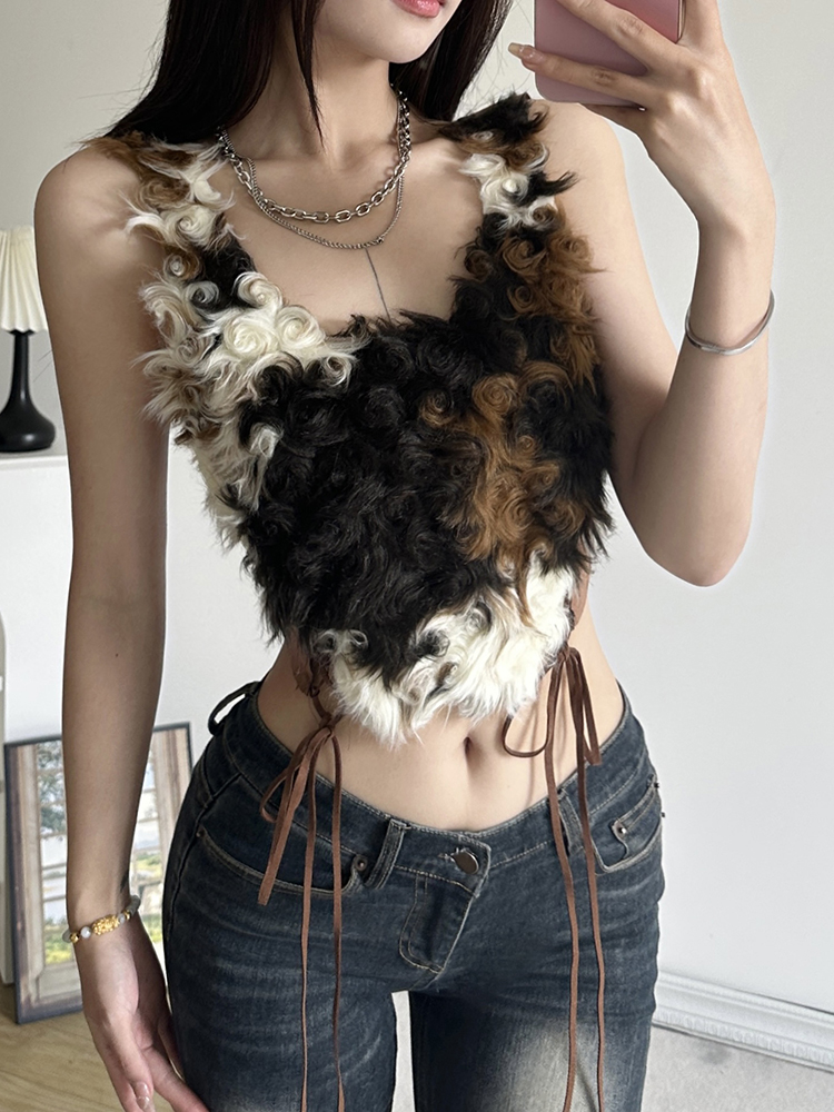 Retro American Vintage Suede Patchwork Camisole - Sexy Slim Fit Summer Top for Effortless Style