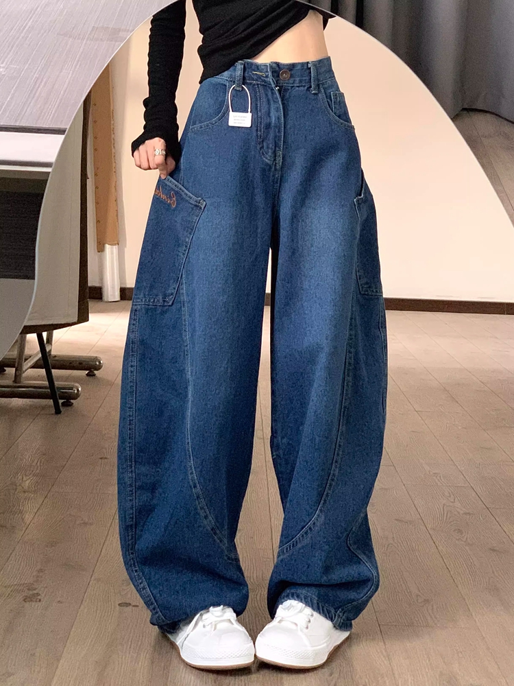 Retro Big Pocket Curved Blade Denim Pants for Women - Summer High Street Loose Wide-Leg Trousers, Y2K Fashion