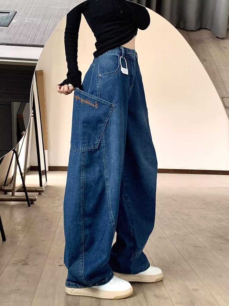 Retro Big Pocket Curved Blade Denim Pants for Women - Summer High Street Loose Wide-Leg Trousers, Y2K Fashion