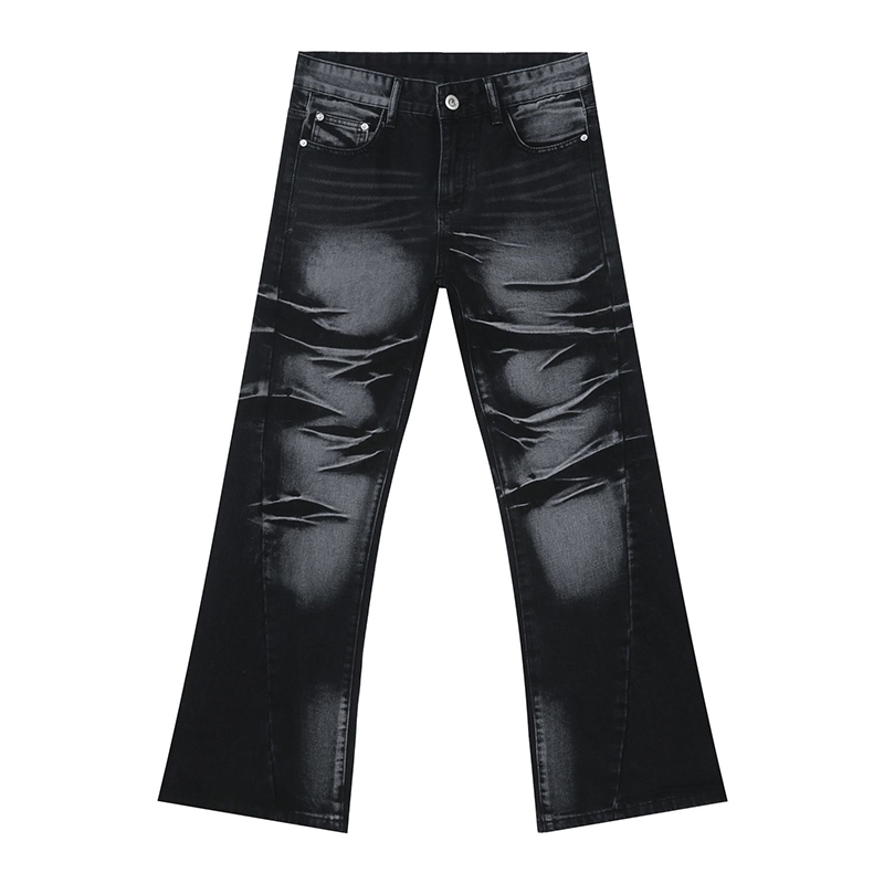 Retro Black and Gray Hand-Painted Cat Whiskers Micro-Flare Jeans for Men - Loose Fit American-Style Niche Fashion