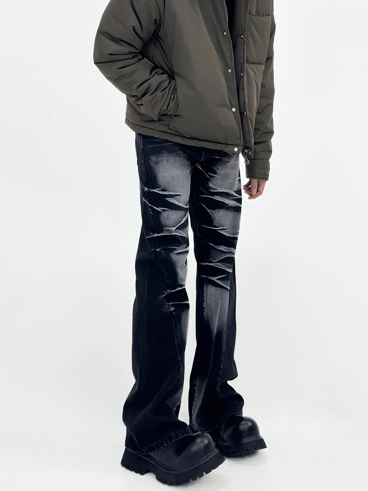 Retro Black and Gray Hand-Painted Cat Whiskers Micro-Flare Jeans for Men - Loose Fit American-Style Niche Fashion