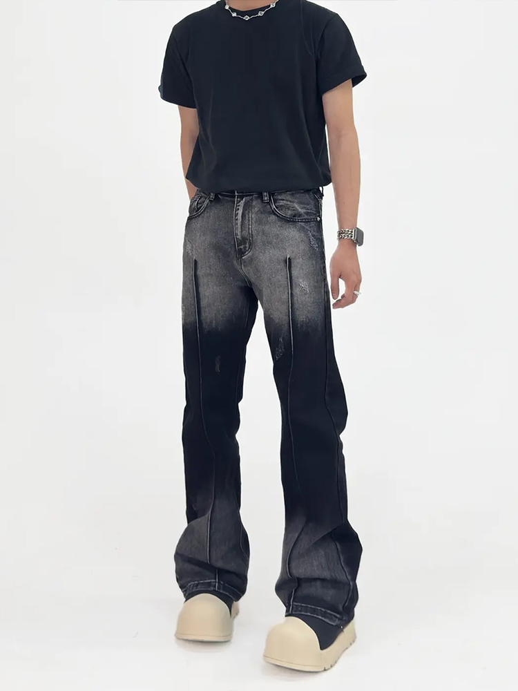 Retro Black and White Tie-Dye Gradient Micro-Flare Denim Pants for Men - High Street Casual Loose-Fit Trousers