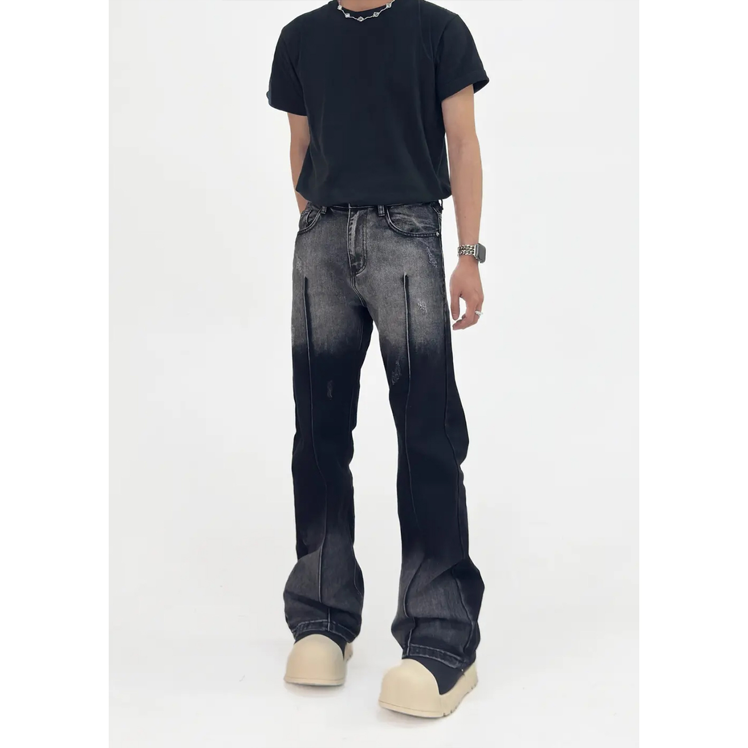 Retro Black and White Tie-Dye Gradient Micro-Flare Denim Pants for Men - High Street Casual Loose-Fit Trousers