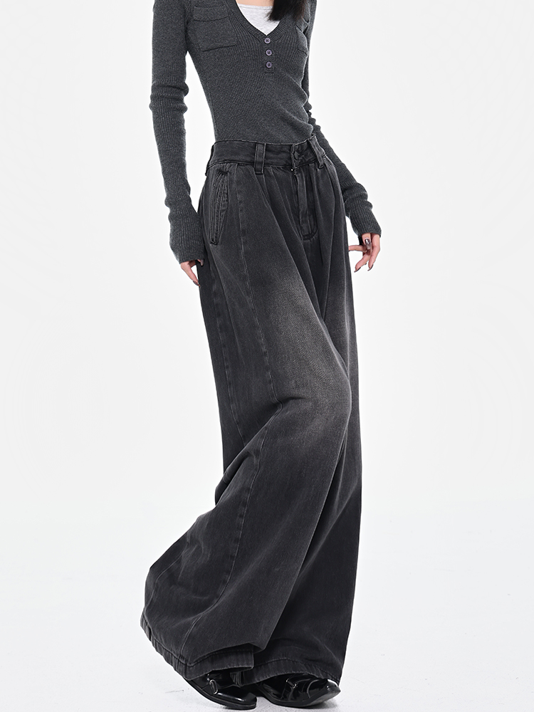 Retro Black Pleated Wide-Leg Jeans for Women - High Waist Draped Slimming Floor-Length Pants - Early Spring Style Retro Black Pleated Wide-Leg Jeans for Women - High Waist Draped Slimming Floor-Length Pants - Early Spring Style