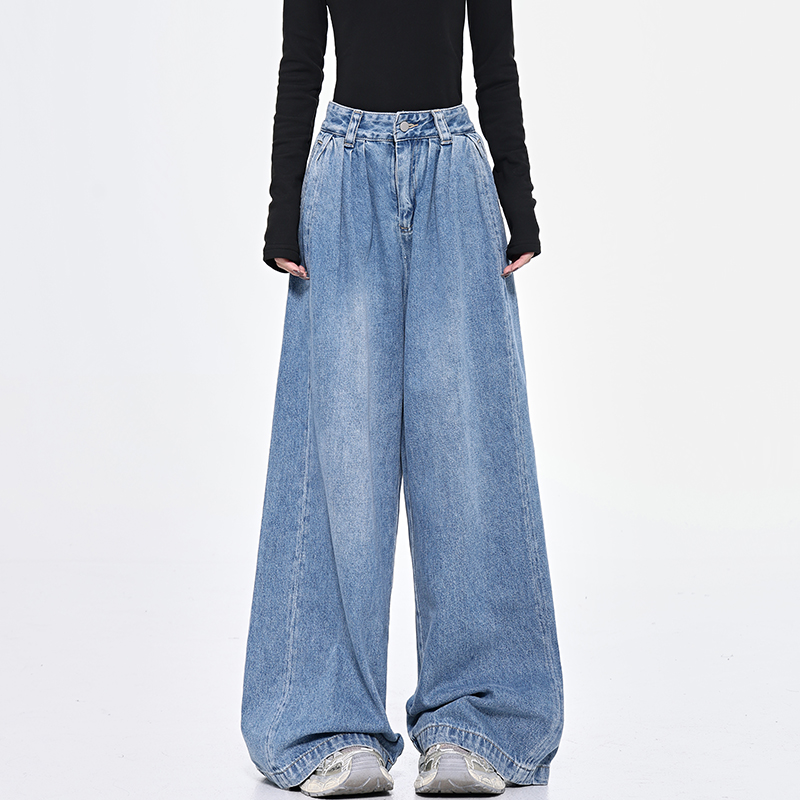 Retro Black Pleated Wide-Leg Jeans for Women - High Waist Draped Slimming Floor-Length Pants - Early Spring Style Retro Black Pleated Wide-Leg Jeans for Women - High Waist Draped Slimming Floor-Length Pants - Early Spring Style