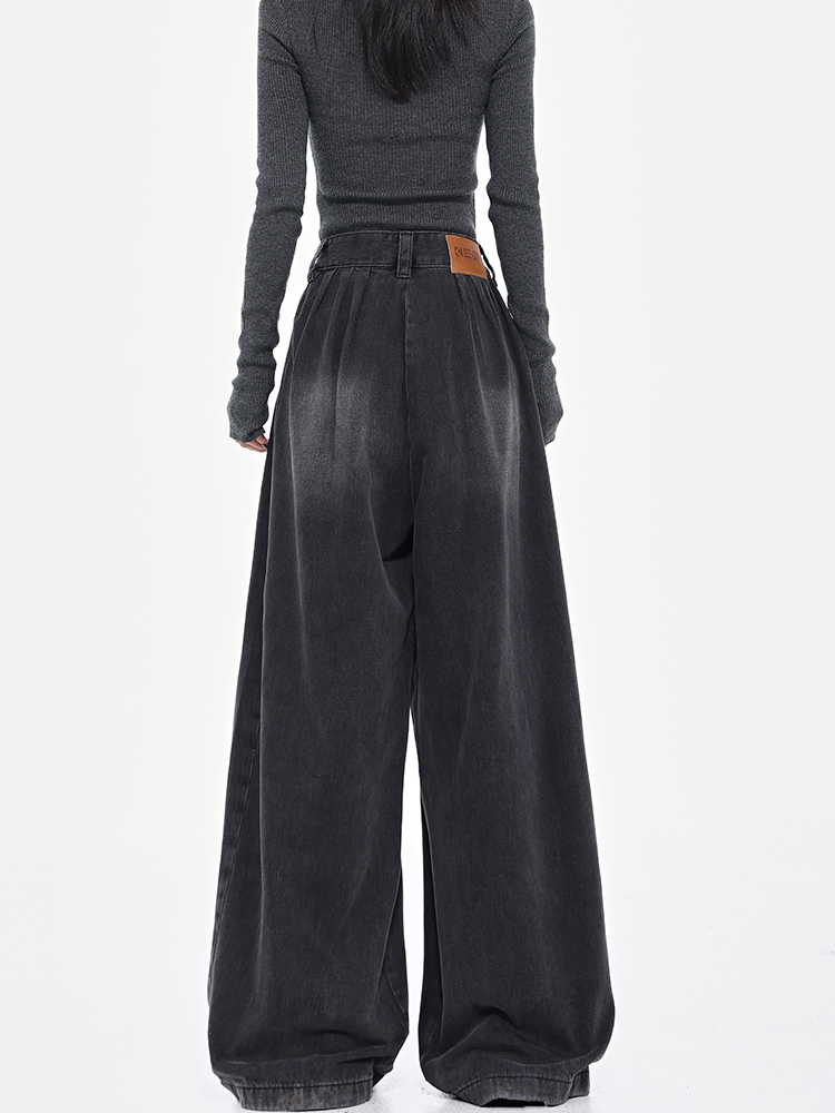 Retro Black Pleated Wide-Leg Jeans for Women - High Waist Draped Slimming Floor-Length Pants - Early Spring Style Retro Black Pleated Wide-Leg Jeans for Women - High Waist Draped Slimming Floor-Length Pants - Early Spring Style
