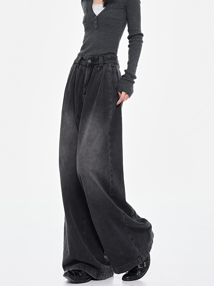 Retro Black Pleated Wide-Leg Jeans for Women - High Waist Draped Slimming Floor-Length Pants - Early Spring Style Retro Black Pleated Wide-Leg Jeans for Women - High Waist Draped Slimming Floor-Length Pants - Early Spring Style