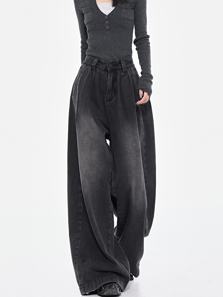 Retro Black Pleated Wide-Leg Jeans for Women - High Waist Draped Slimming Floor-Length Pants - Early Spring Style