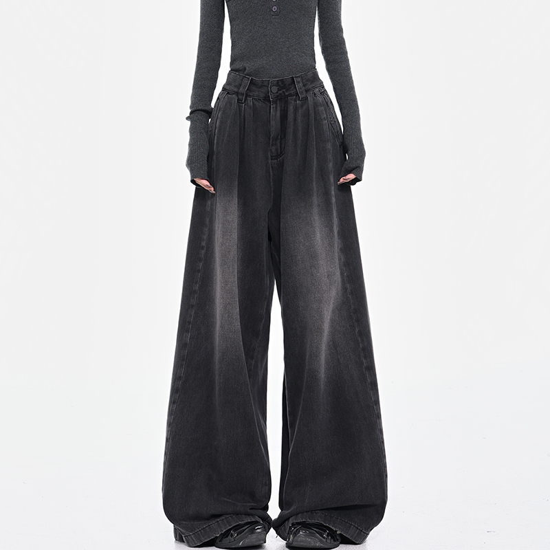 Retro Black Pleated Wide-Leg Jeans for Women - High Waist Draped Slimming Floor-Length Pants - Early Spring Style