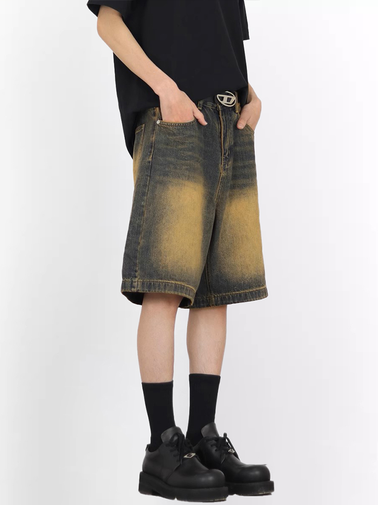 Retro Blue Denim Wide-Leg 5-Point Street Shorts for Men and Women - Loose Fit, Unisex Vintage Style