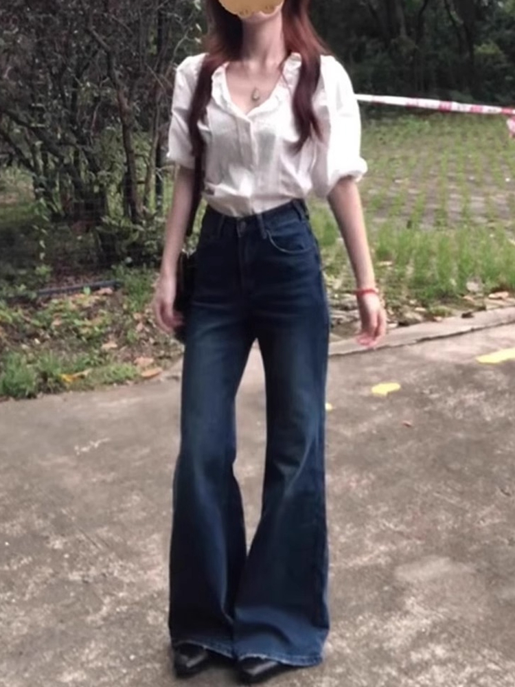Retro Blue Flared Jeans for Women - Summer Loose Wide-Leg Bell-Bottoms, Non-Skinny Slimming Straight-Leg, Floor-Length Style