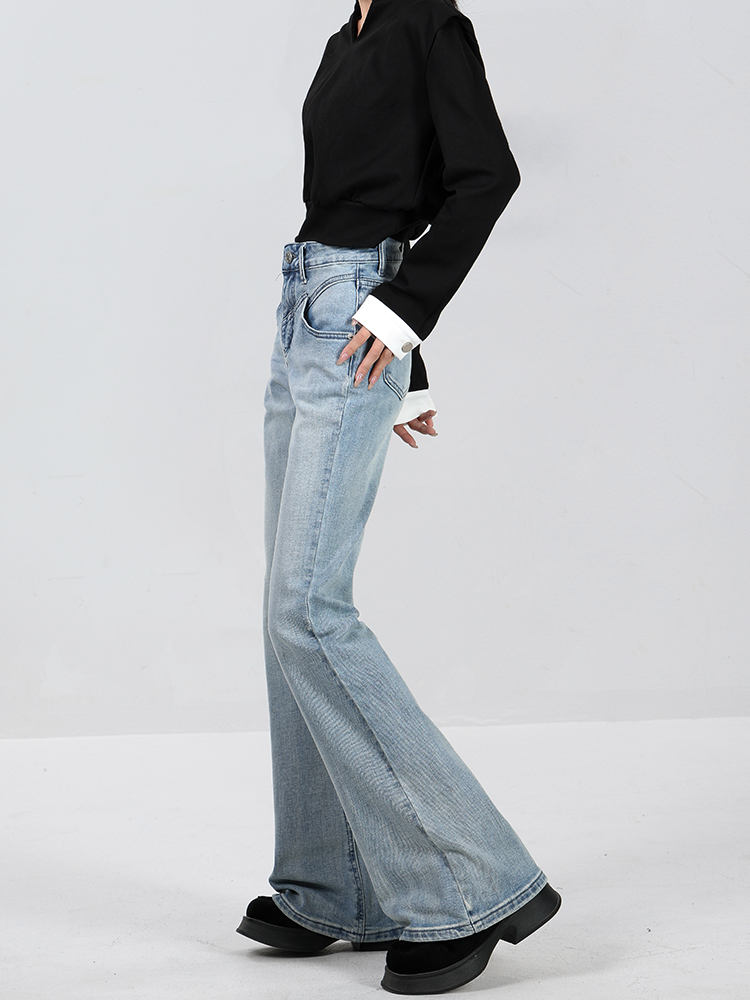 Retro Blue Flared Pants for Women - High Waist Slim Fit Jeans, 2025 Spring Collection, Y2K Style