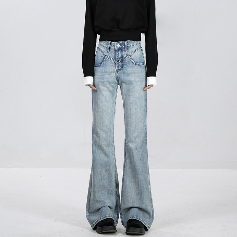 Retro Blue Flared Pants for Women - High Waist Slim Fit Jeans, 2025 Spring Collection, Y2K Style