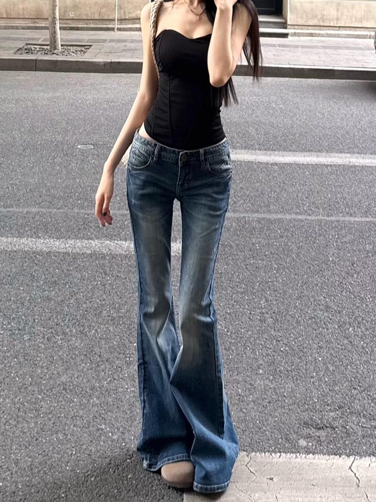 Retro Blue Low-Waist Flared Jeans for Women - Summer Slim Wide-Leg Bell-Bottom Pants, Y2K Style
