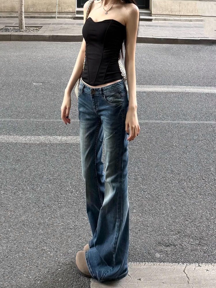 Retro Blue Low-Waist Flared Jeans for Women - Summer Slim Wide-Leg Bell-Bottom Pants, Y2K Style