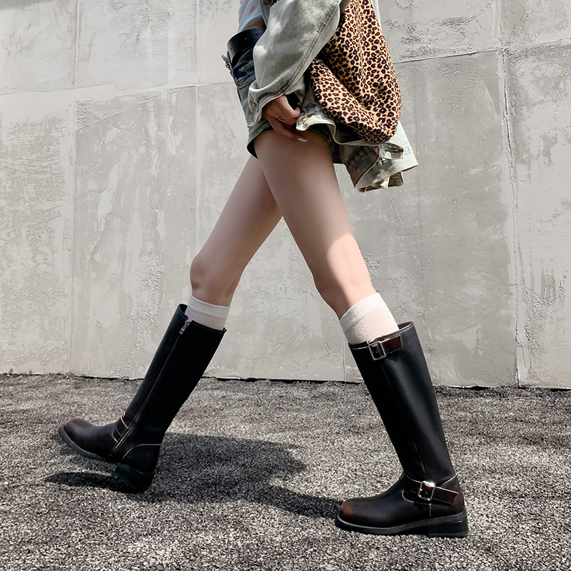 Retro British Style Knee-High Riding Boots for Women, Genuine Leather Straight Tube with Belt Buckle, Western Fashion Footwear