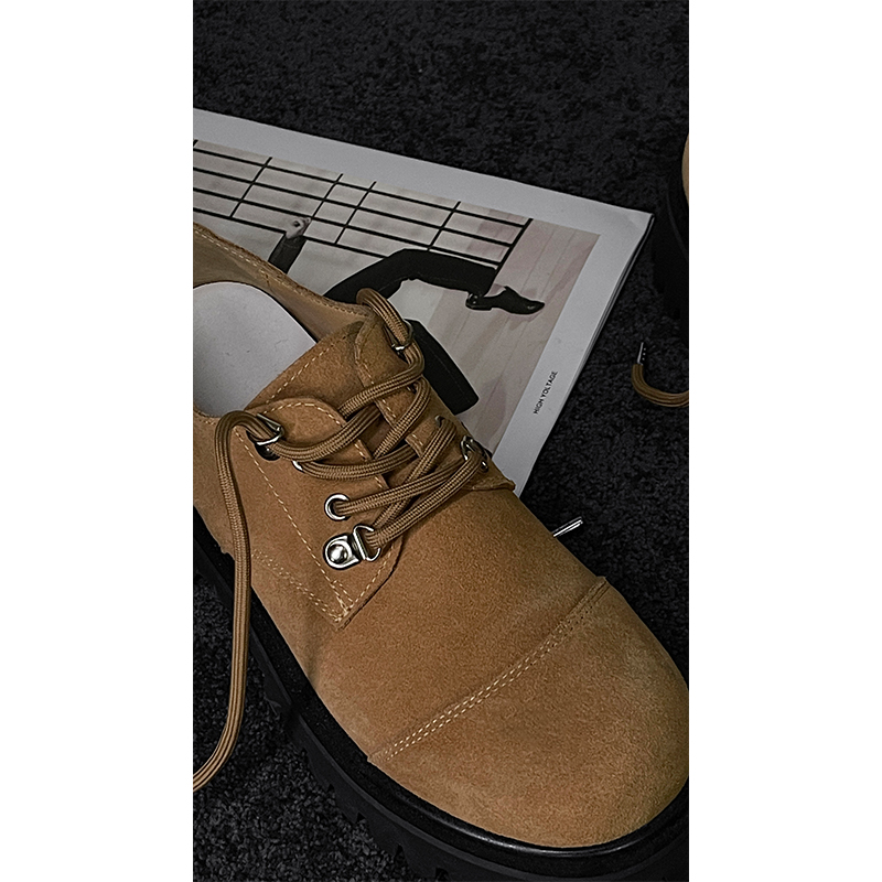 Retro British Style Spliced Suede Round-Toe Derby Shoes for Autumn - Height-Increasing Workwear Footwear