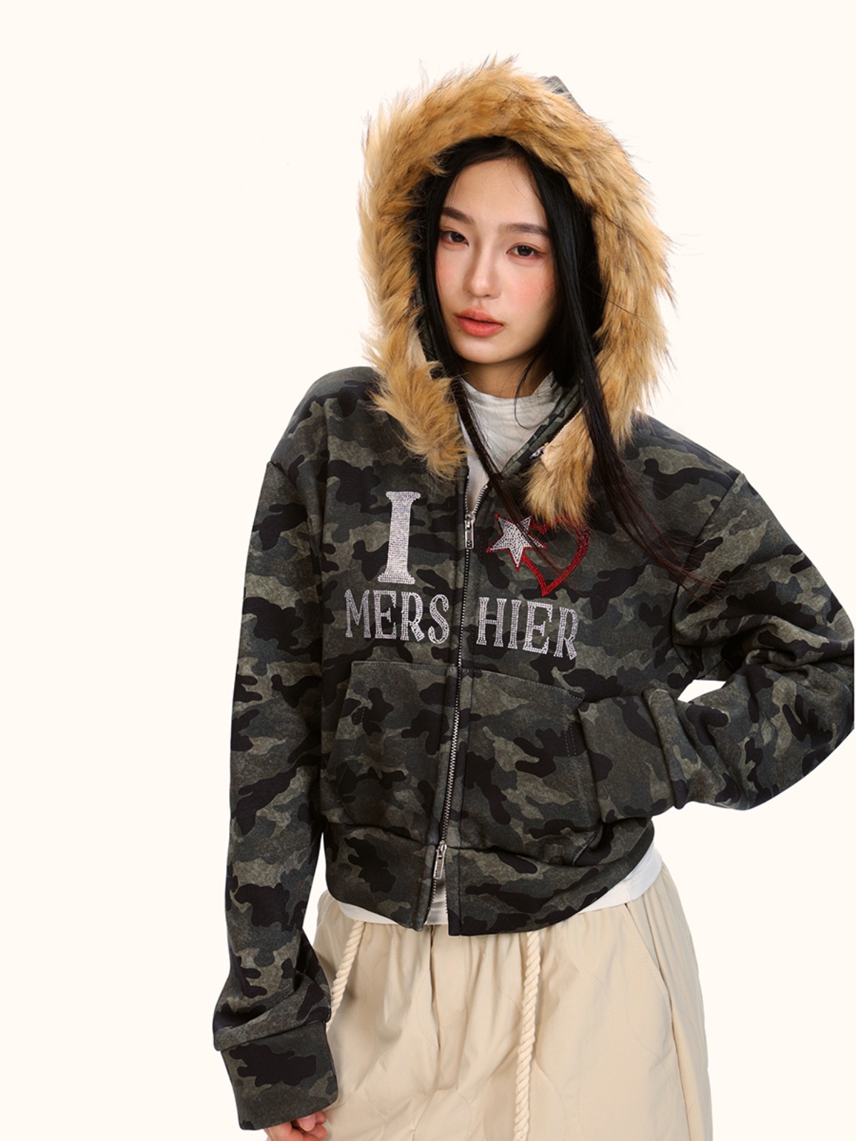 Retro Camouflage Fleece Hoodie Jacket with Fur Collar for Women - Trendy Short American Style with Rhinestone Letter Detail