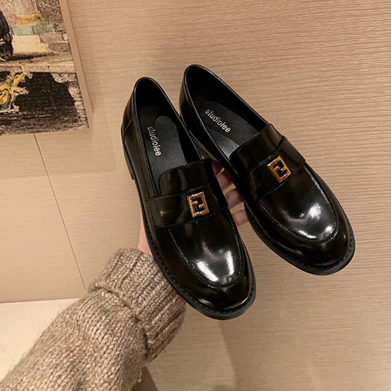 Retro Chunky Heel Loafers for Women with Golden Square Buckle, 2025 Autumn Winter Slip-On Leather Shoes