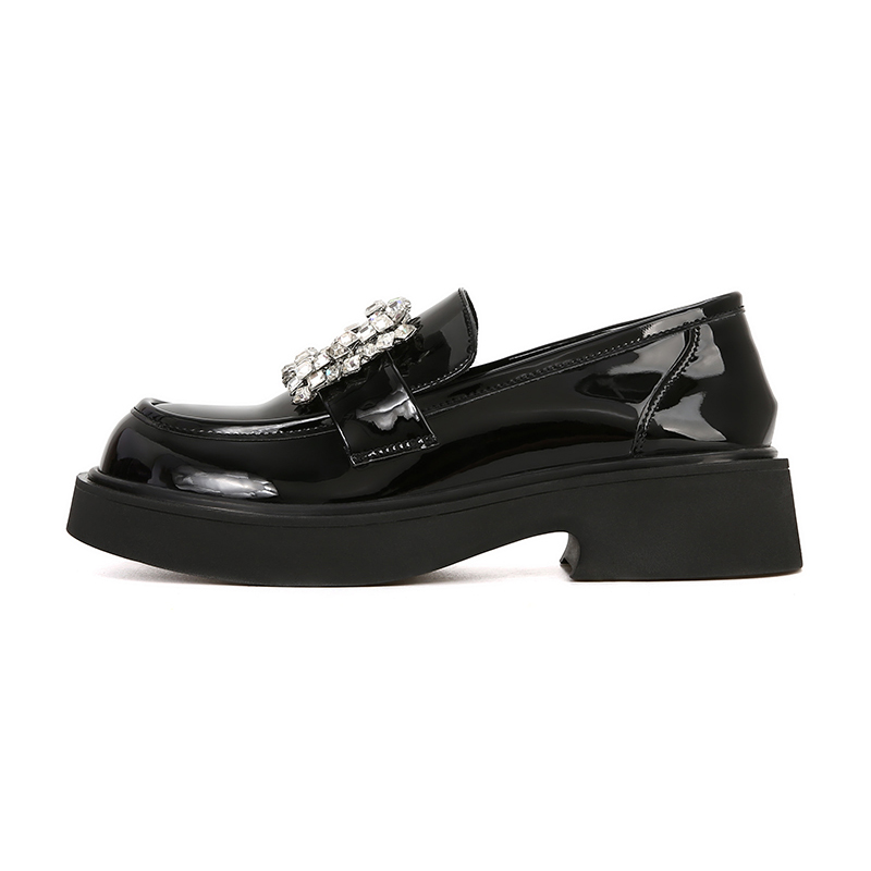 Retro Chunky Heel Loafers with Square Buckle, Thick-Soled Slip-On Leather Shoes, British Style for Autumn/Winter 2025 Retro Chunky Heel Loafers with Square Buckle, Thick-Soled Slip-On Leather Shoes, British Style for Autumn/Winter 2025