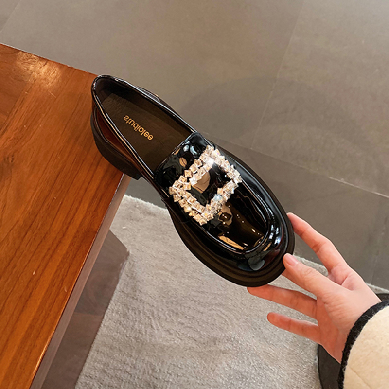 Retro Chunky Heel Loafers with Square Buckle, Thick-Soled Slip-On Leather Shoes, British Style for Autumn/Winter 2025