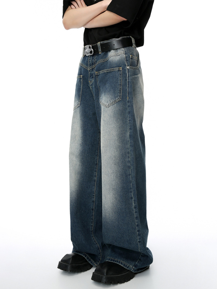 Retro Cleanfit Washed Front Pocket Denim Pants for Men, Loose Straight Wide-Leg Trousers, Y2K Style, Casual Streetwear