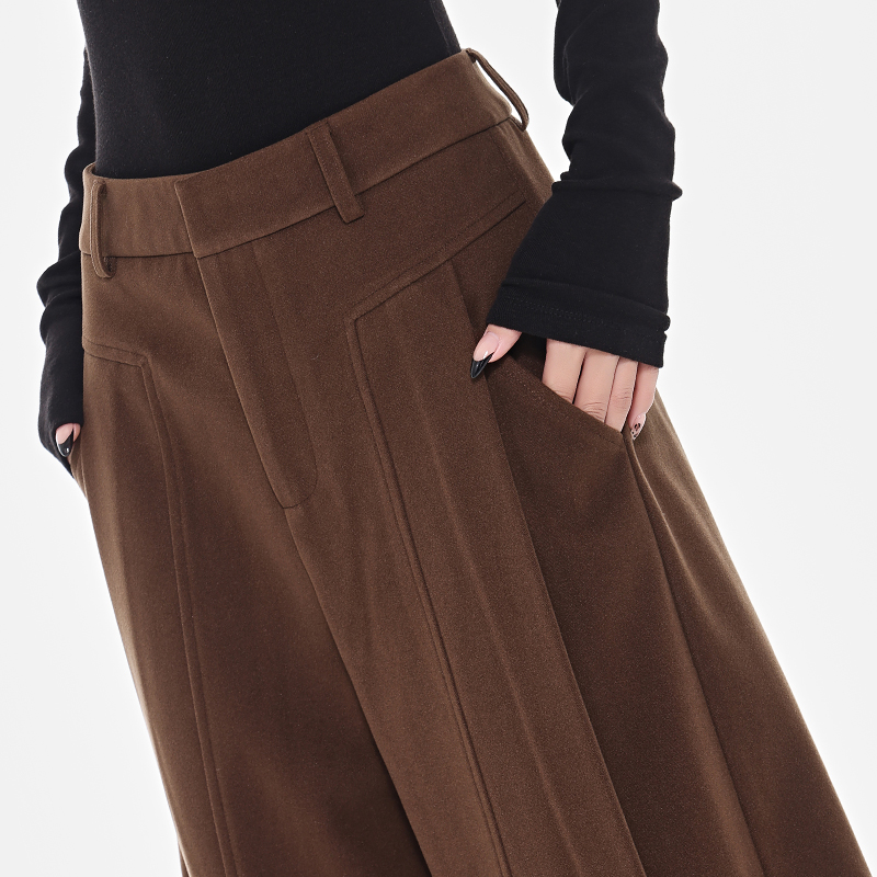 Retro Coffee-Colored High-Waisted Wide-Leg Suit Pants for Women - Thick Winter Slim-Fit Floor-Length Trousers