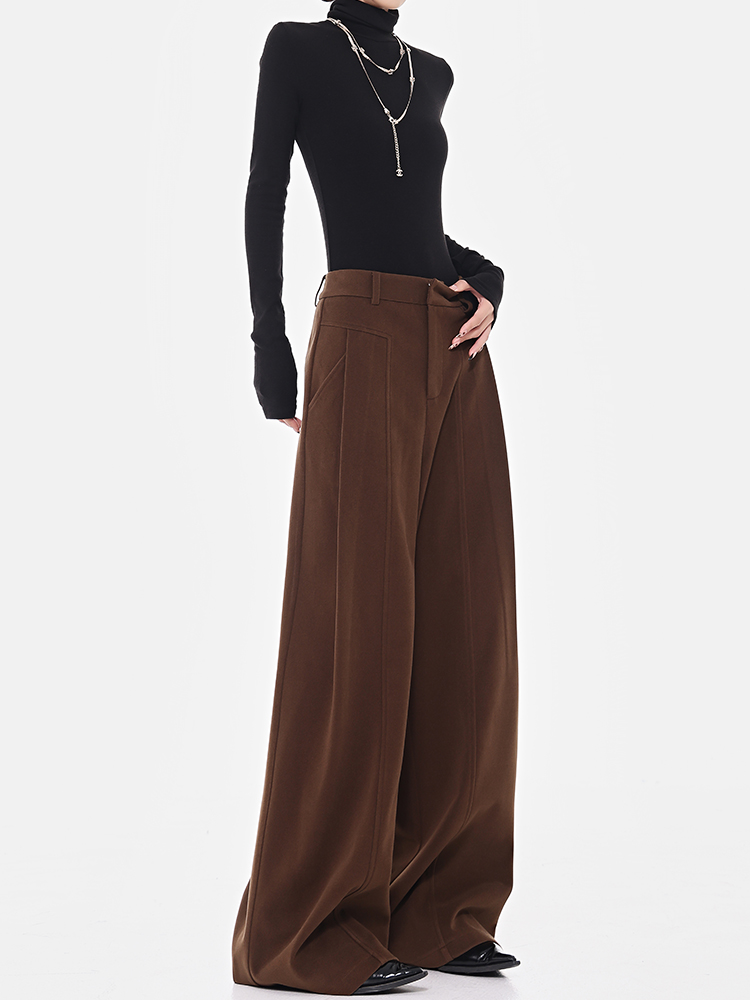 Retro Coffee-Colored High-Waisted Wide-Leg Suit Pants for Women - Thick Winter Slim-Fit Floor-Length Trousers Retro Coffee-Colored High-Waisted Wide-Leg Suit Pants for Women - Thick Winter Slim-Fit Floor-Length Trousers