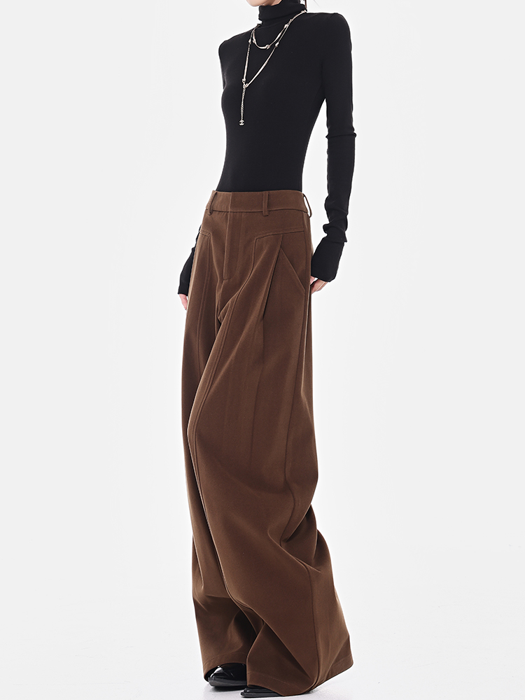 Retro Coffee-Colored High-Waisted Wide-Leg Suit Pants for Women - Thick Winter Slim-Fit Floor-Length Trousers