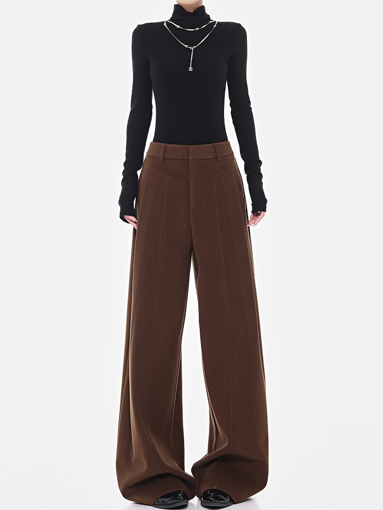 Retro Coffee-Colored High-Waisted Wide-Leg Suit Pants for Women - Thick Winter Slim-Fit Floor-Length Trousers Retro Coffee-Colored High-Waisted Wide-Leg Suit Pants for Women - Thick Winter Slim-Fit Floor-Length Trousers