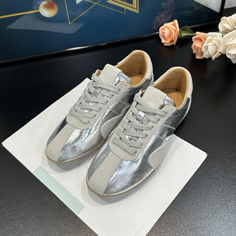 Retro Color-Blocking Genuine Leather Lace-Up Sports Shoes for Women - Silver Square-Toe Hidden Height Increase - Spring/Summer 2025