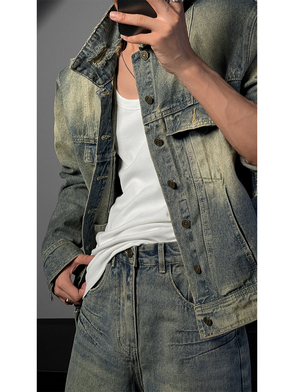 Retro Distressed Wash Denim Set with Shoulder Pad Jacket and Jeans - Autumn Fashion, High-End 90s Style