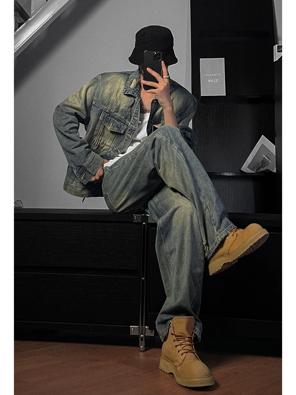 Retro Distressed Wash Denim Set with Shoulder Pad Jacket and Jeans - Autumn Fashion, High-End 90s Style