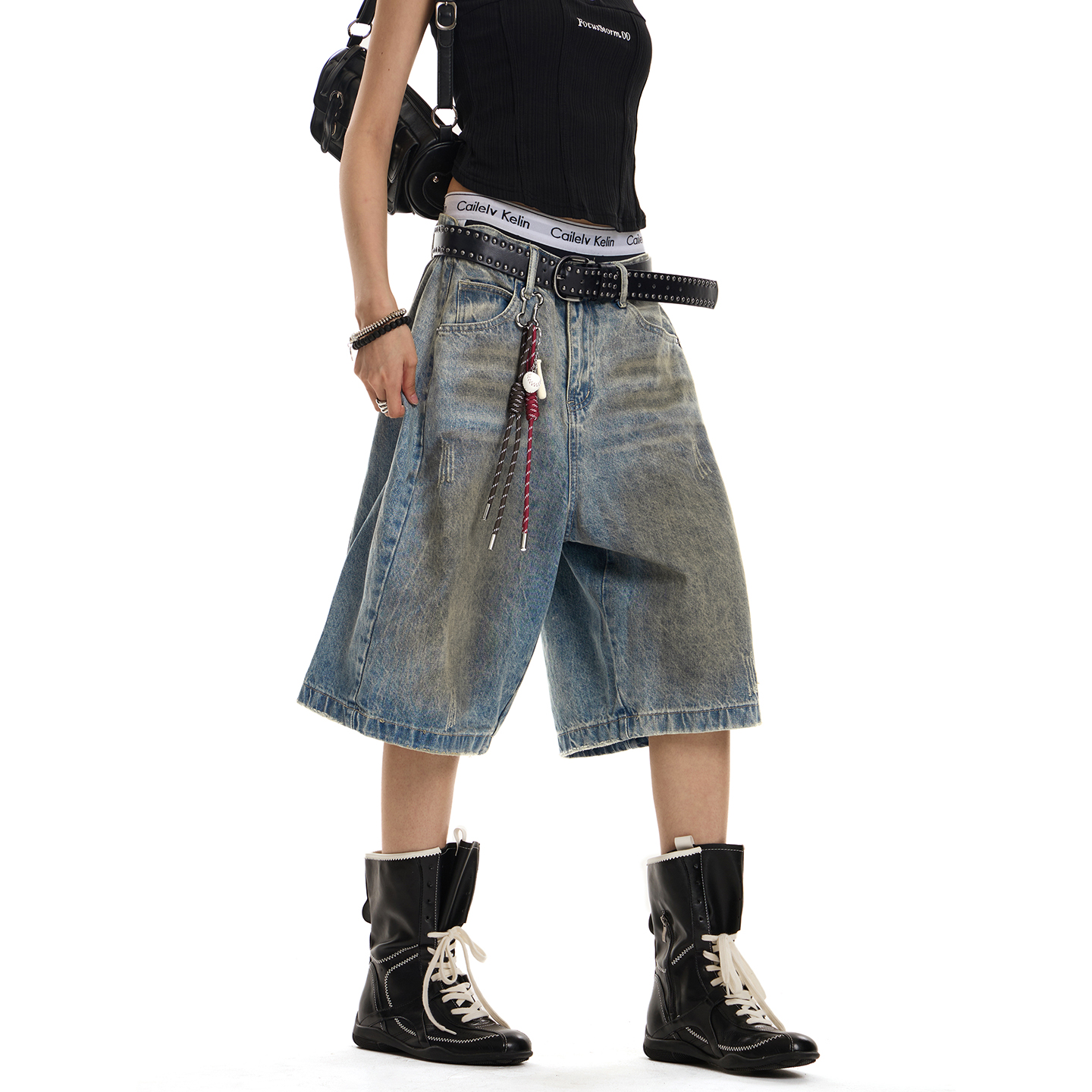 Retro Distressed Wide-Leg Denim Capri Pants for Unisex - Casual Street Style Loose Fit Shorts