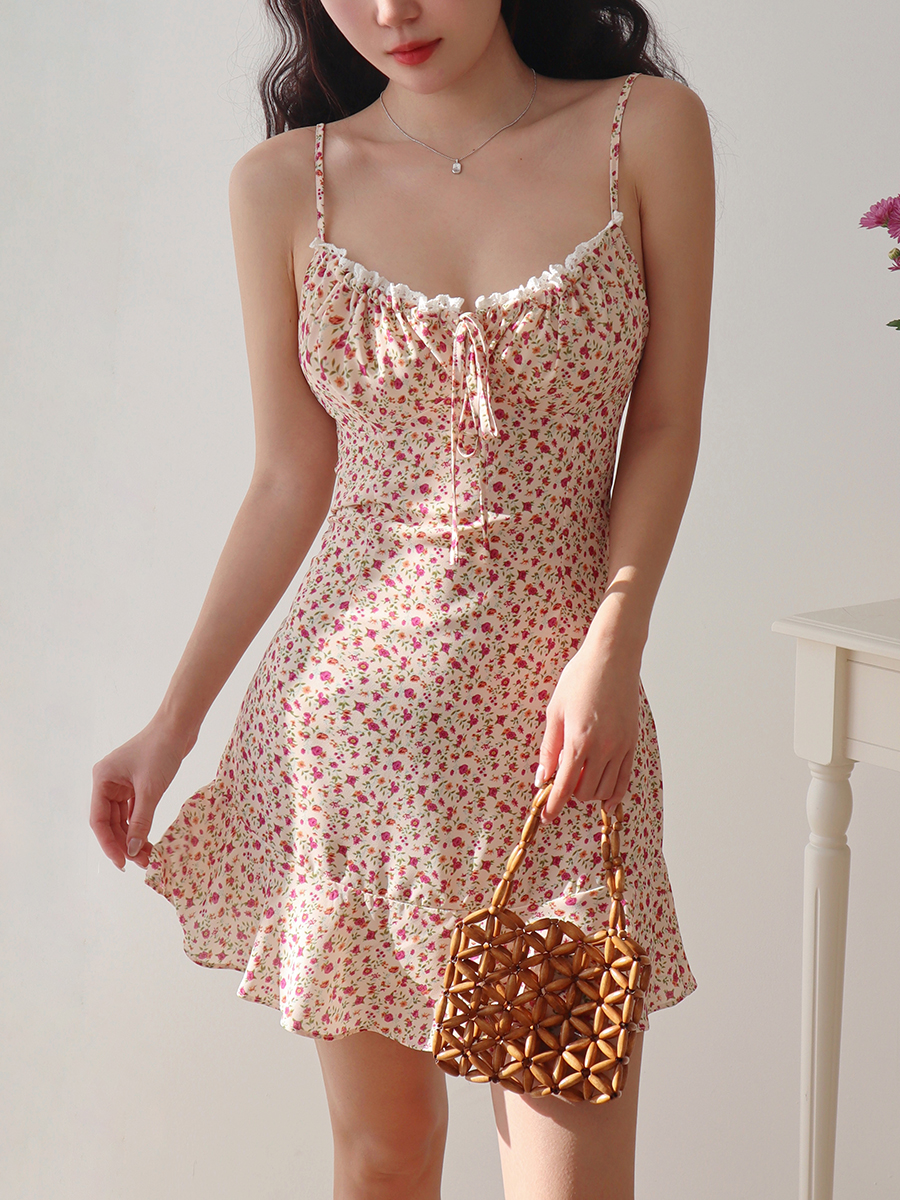 Retro Floral Cami Dress for Women - V-Neck, Tie Waist, Slimming Mini Dress for Vacation and Summer Style