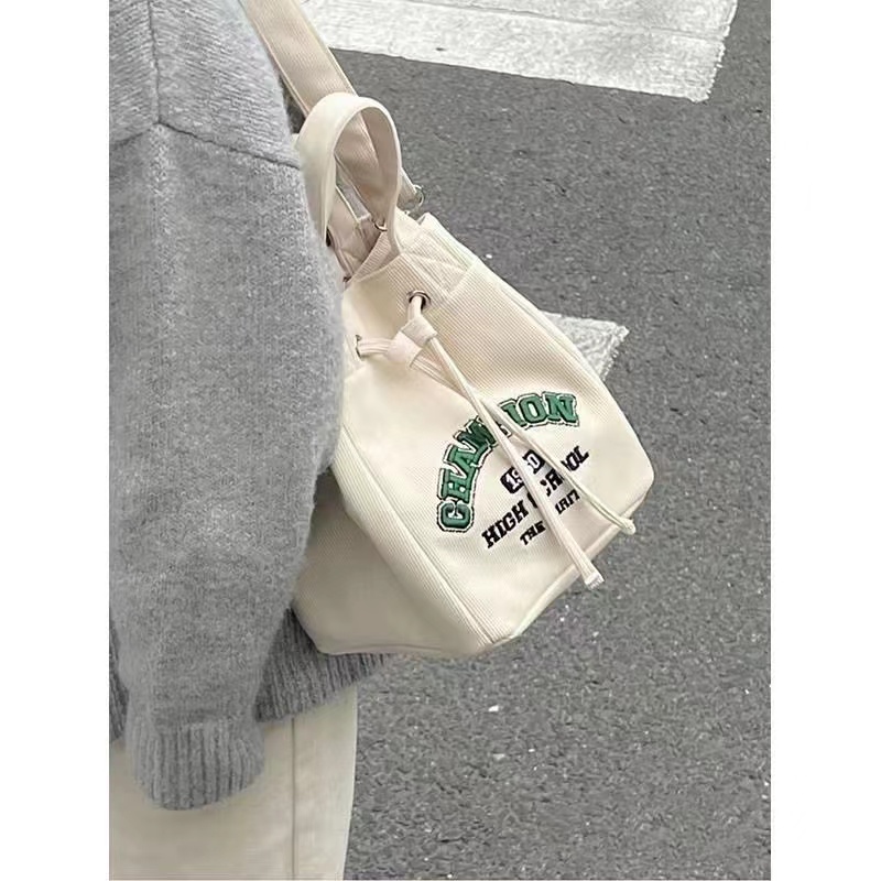 Retro Forest-Themed Corduroy Bucket Bag, Large Capacity Casual Tote & Crossbody Bag, Xiaohongshu Style Fashion Accessory