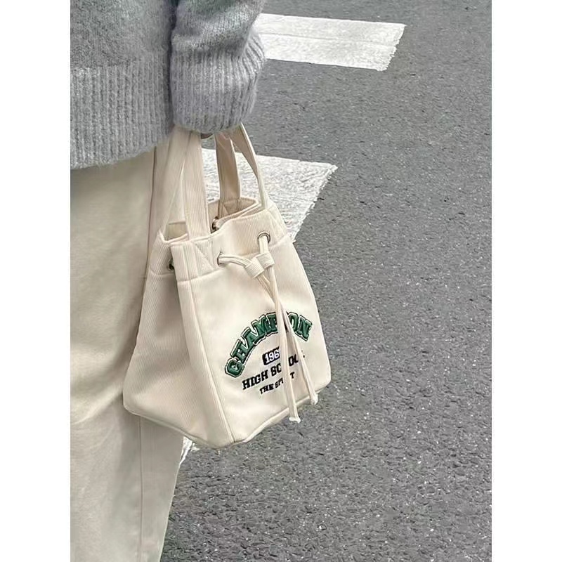 Retro Forest-Themed Corduroy Bucket Bag, Large Capacity Casual Tote & Crossbody Bag, Xiaohongshu Style Fashion Accessory