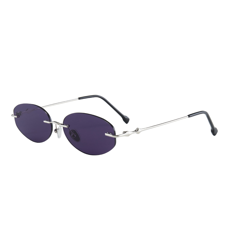 Retro Frameless Purple Small Oval High-End Sunglasses for Trendy Girls - European American Style, Perfect for Small Faces and Street Photography.