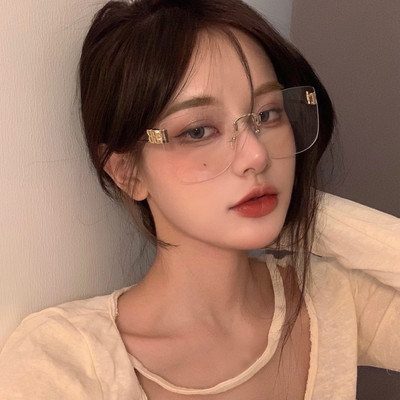 Retro Frameless Square Glasses for Women - Minimalist Large Frame, Blue Light Blocking, Trendy Prescription Eyewear for Round Faces