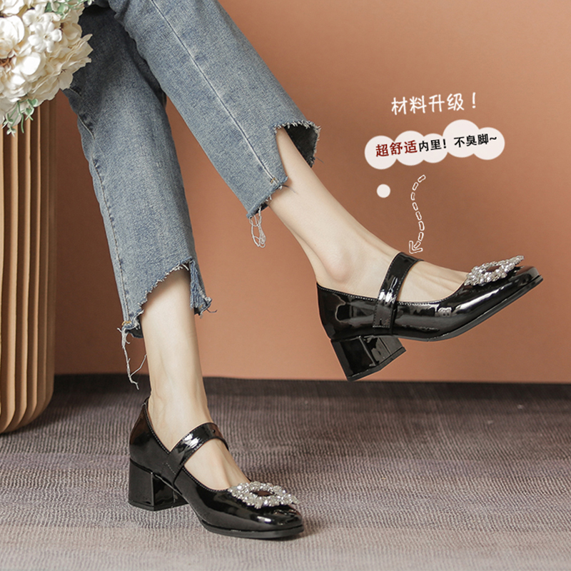 Retro French Style Water Drill Mary Jane Shoes for Women, Chunky Heels, Square Buckle, Shallow Mouth, Y2K Inspired, Spring 2025