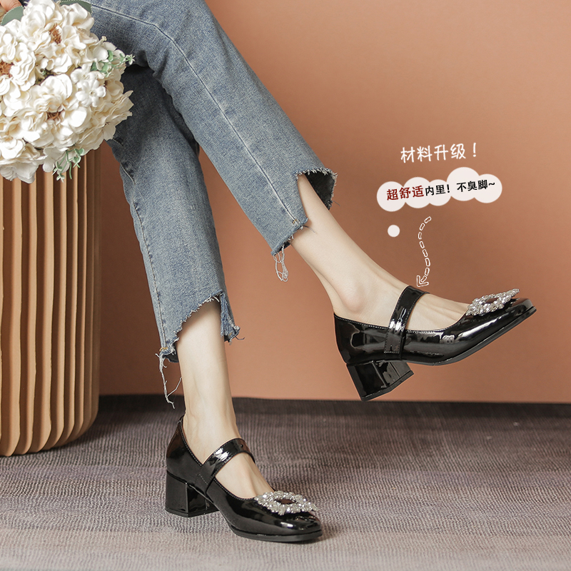 Retro French Style Water Drill Mary Jane Shoes for Women, Chunky Heels, Square Buckle, Shallow Mouth, Y2K Inspired, Spring 2025