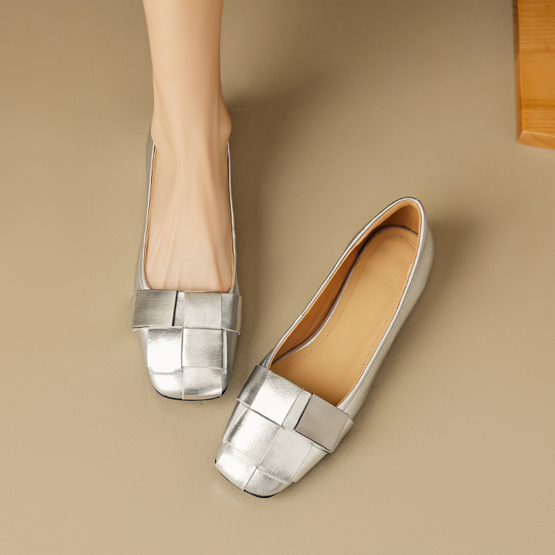 Retro French Woven Square-Toed Loafers with Gold Buckle - Comfortable Fashionable Grandma Shoes