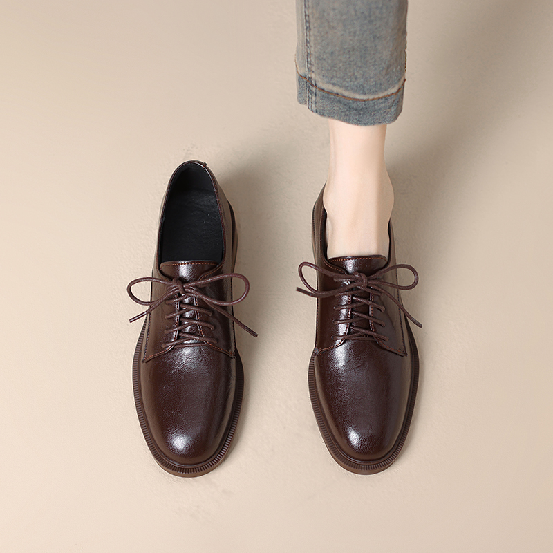 Retro Genuine Leather Chunky Heel Loafers for Women - British Style Lace-Up Lightweight Flats