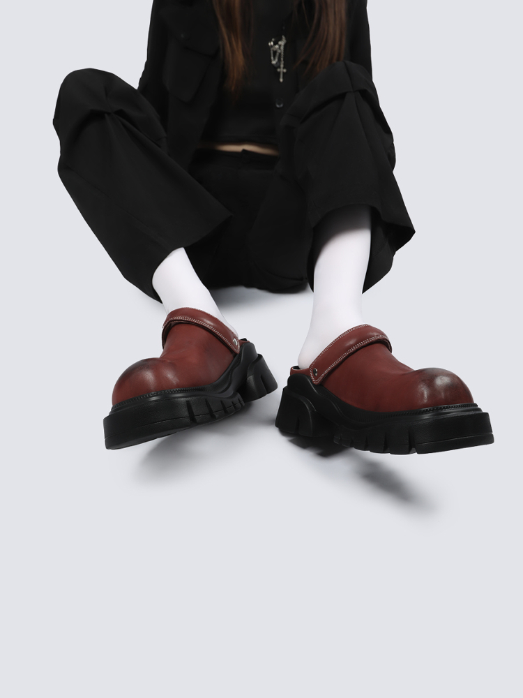 Retro Half Slippers for Women - 2025 Summer British Style Genuine Leather Open-Toe Thick-Soled Shoes