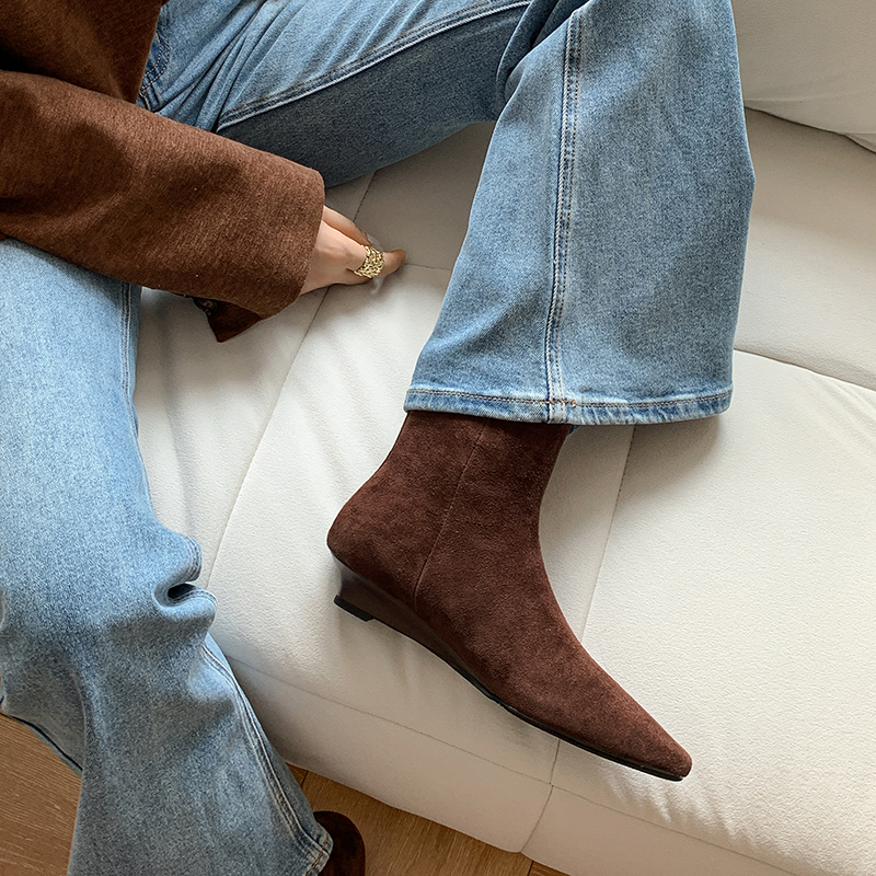 Retro High-End Genuine Leather Lambskin Wedge Ankle Boots for Women, Square Toe, Back Zipper Martin Style, Trendy 90s Look