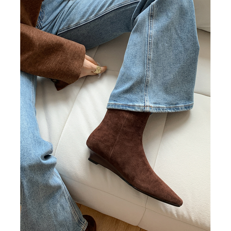 Retro High-End Genuine Leather Lambskin Wedge Ankle Boots for Women, Square Toe, Back Zipper Martin Style, Trendy 90s Look