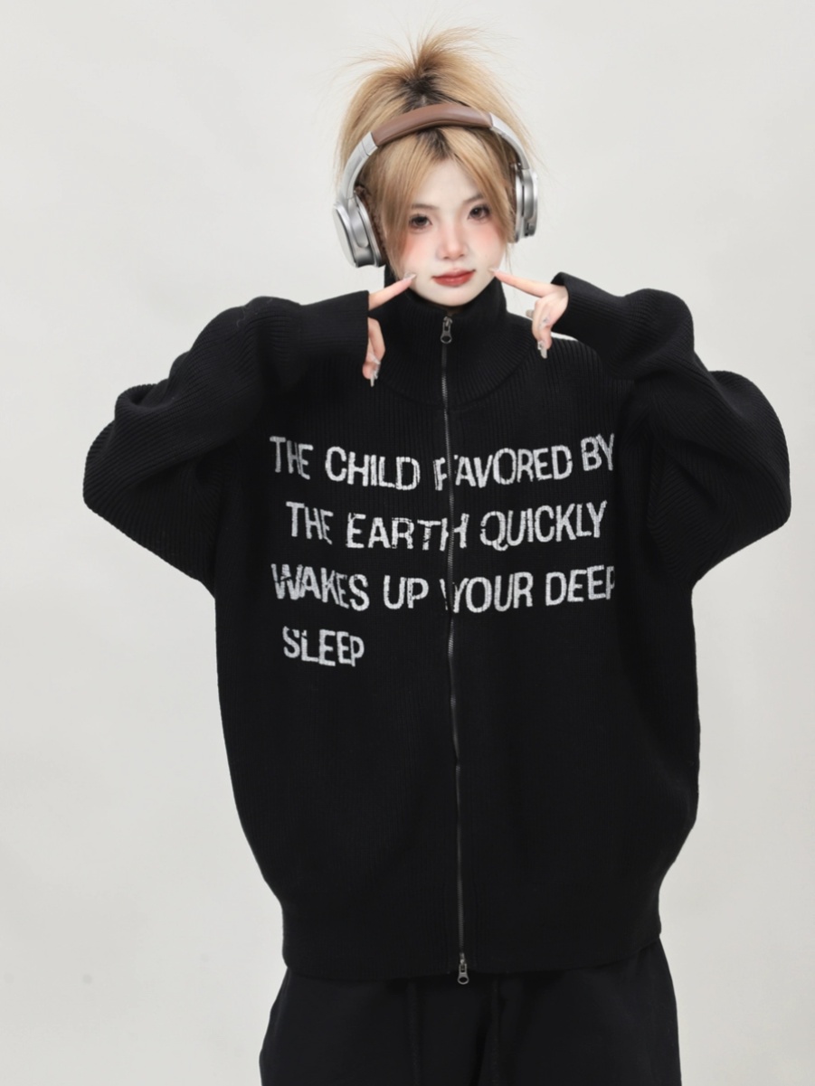 Retro High-Neck Black Knitted Cardigan for Women - Loose Slimming Sweater Coat, Autumn Winter Lazy Style Retro High-Neck Black Knitted Cardigan for Women - Loose Slimming Sweater Coat, Autumn Winter Lazy Style