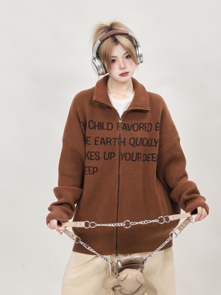 Retro High-Neck Black Knitted Cardigan for Women - Loose Slimming Sweater Coat, Autumn Winter Lazy Style Retro High-Neck Black Knitted Cardigan for Women - Loose Slimming Sweater Coat, Autumn Winter Lazy Style